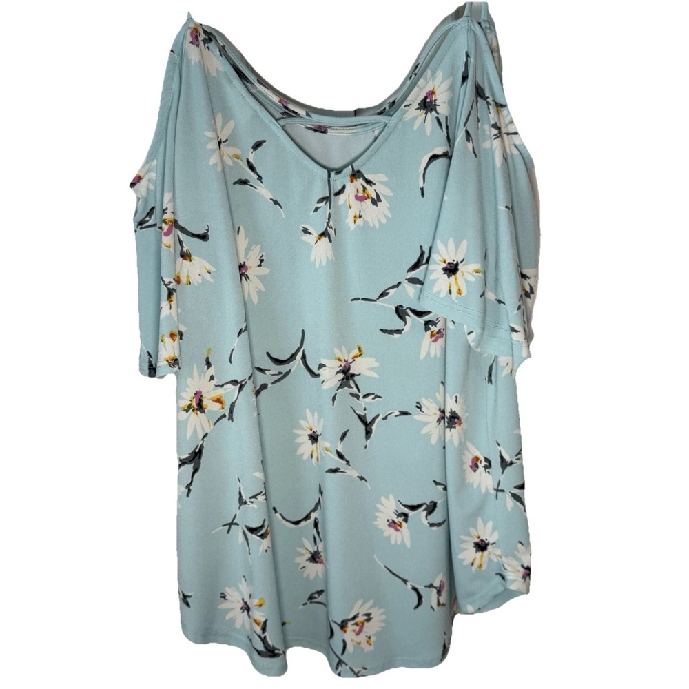 Kaleigh Cold Shoulder Top Blue Floral Daisy Print Women's Size Medium - Picture 1 of 5